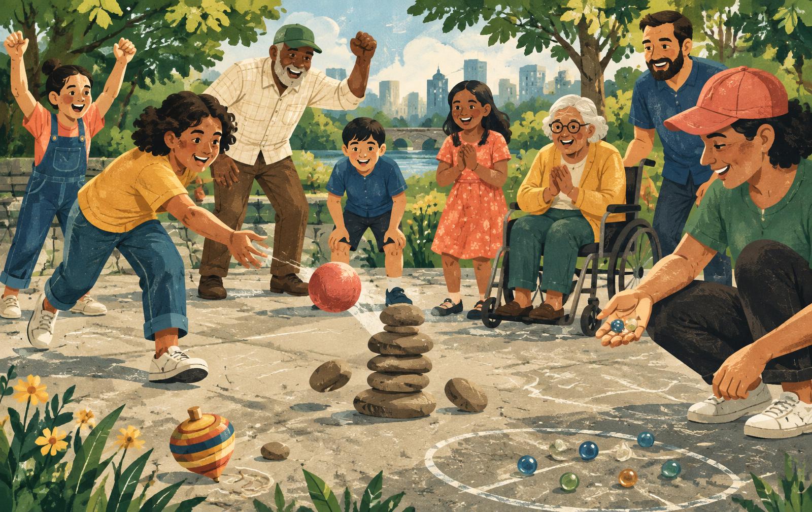Children, adults and seniors playing seven stones and marbles together