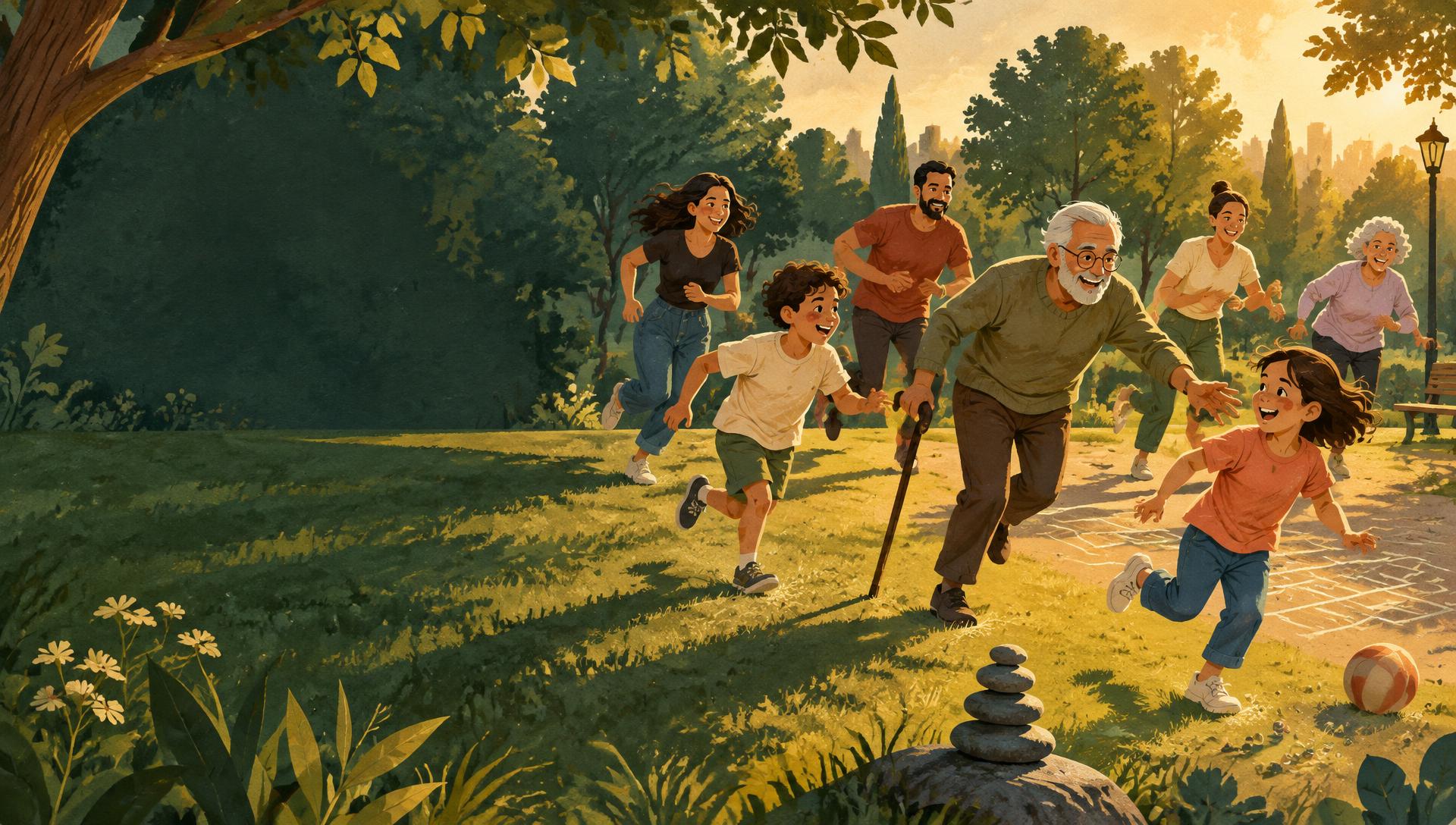 Children, adults and seniors playing together in a sunlit park